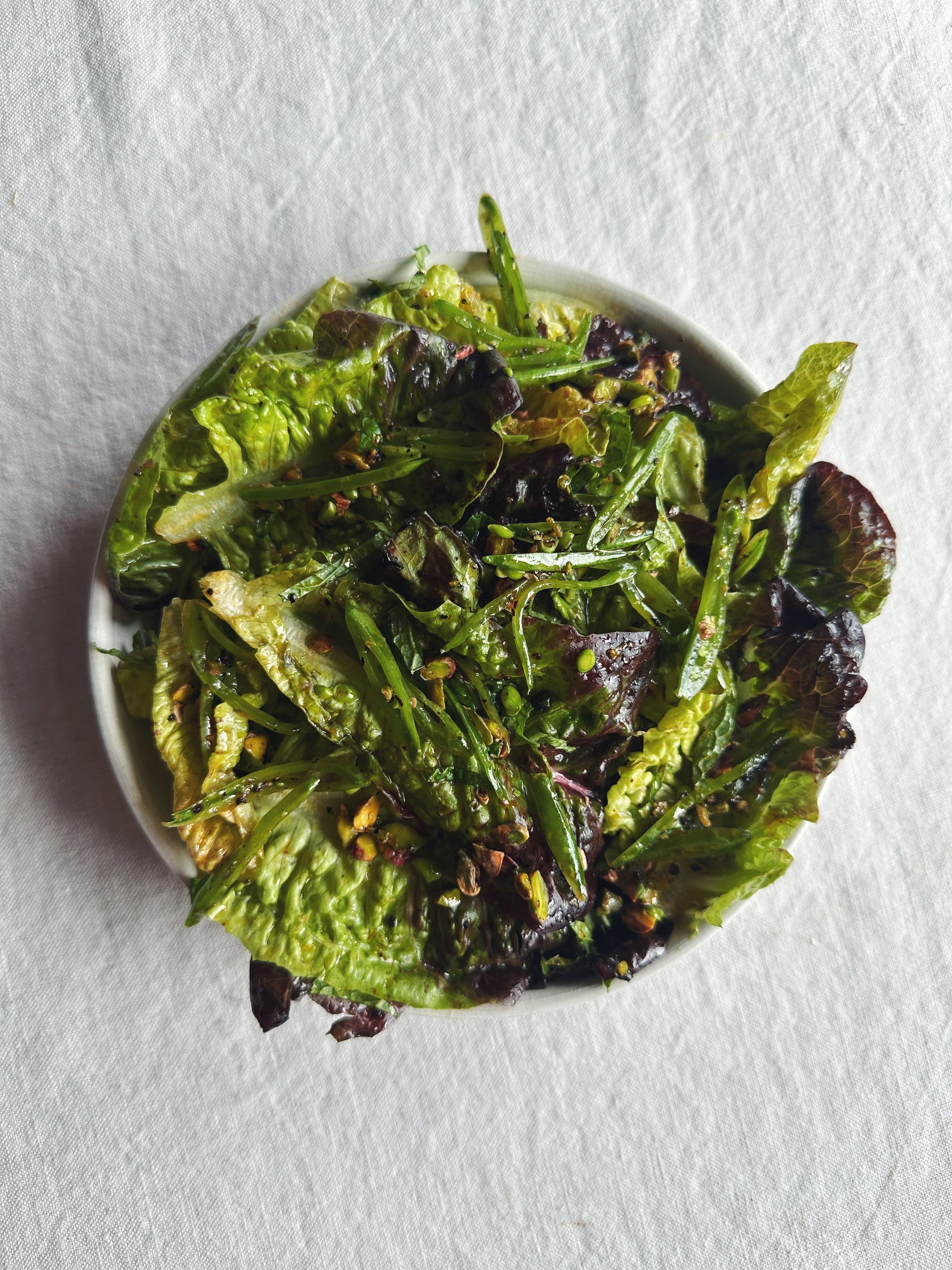Gem Lettuces with Snap Peas, Pistachio & Mint